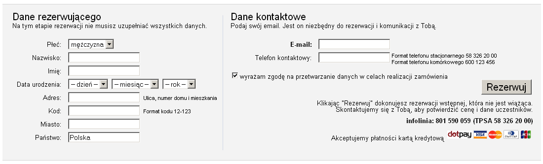 formularz rezerwacji